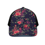 Red Violet Roses Floral Pattern Print Black Mesh Trucker Cap