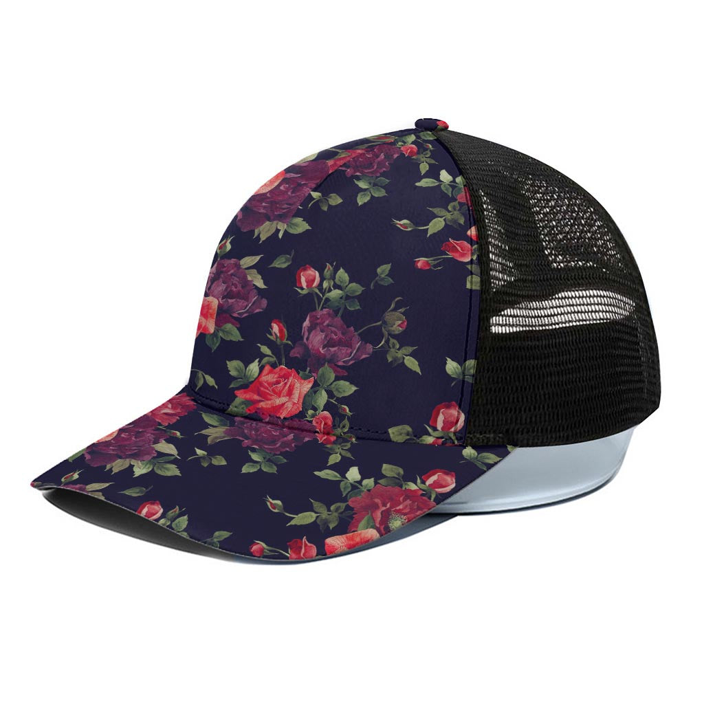 Red Violet Roses Floral Pattern Print Black Mesh Trucker Cap