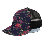 Red Violet Roses Floral Pattern Print Black Mesh Trucker Cap