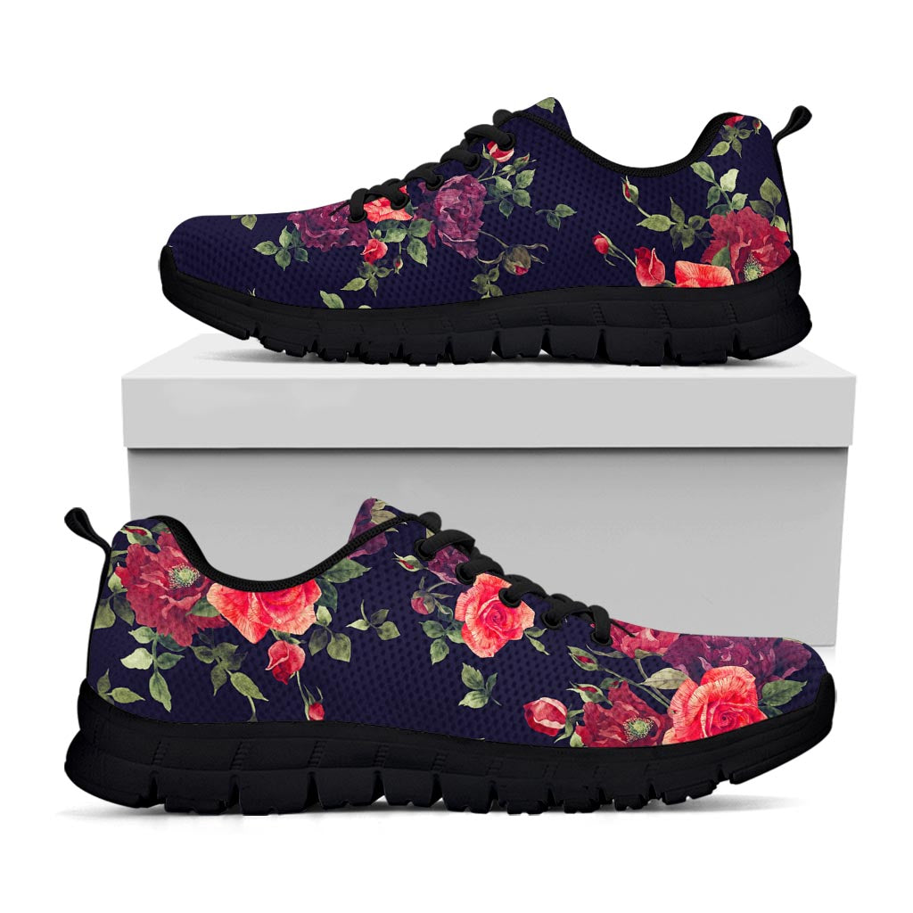 Red Violet Roses Floral Pattern Print Black Running Shoes