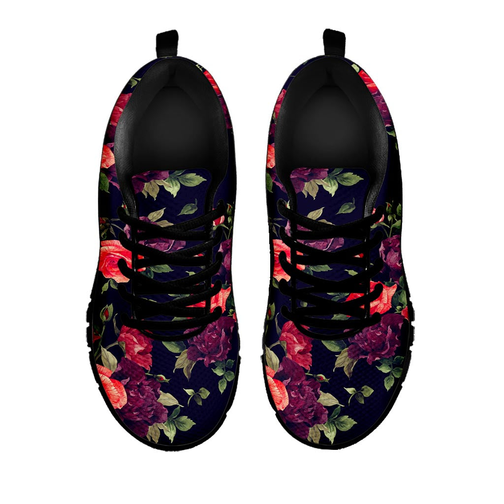 Red Violet Roses Floral Pattern Print Black Running Shoes