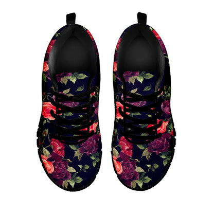 Red Violet Roses Floral Pattern Print Black Running Shoes