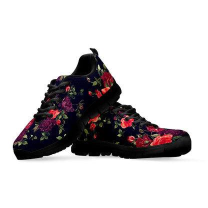Red Violet Roses Floral Pattern Print Black Running Shoes