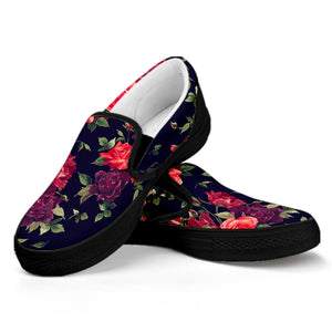 Red Violet Roses Floral Pattern Print Black Slip On Sneakers