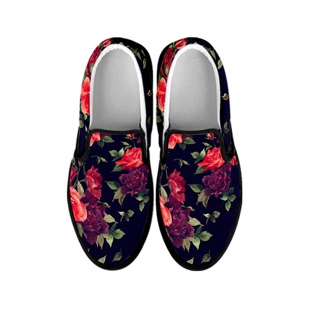 Red Violet Roses Floral Pattern Print Black Slip On Sneakers