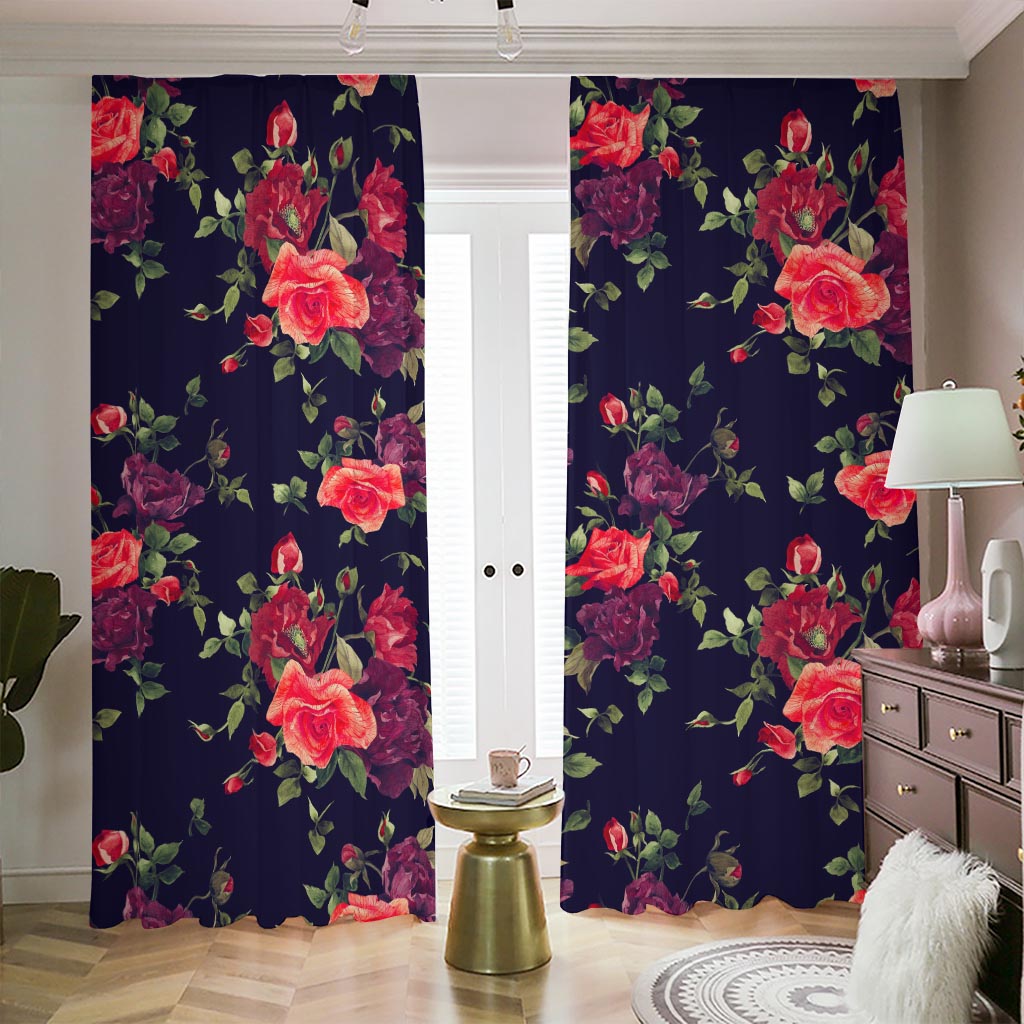 Red Violet Roses Floral Pattern Print Blackout Pencil Pleat Curtains