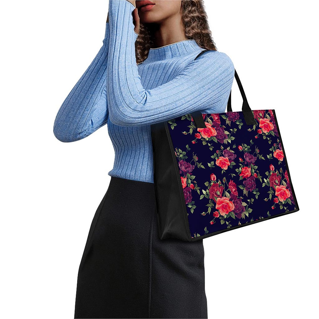 Red Violet Roses Floral Pattern Print Canvas Tote Bag