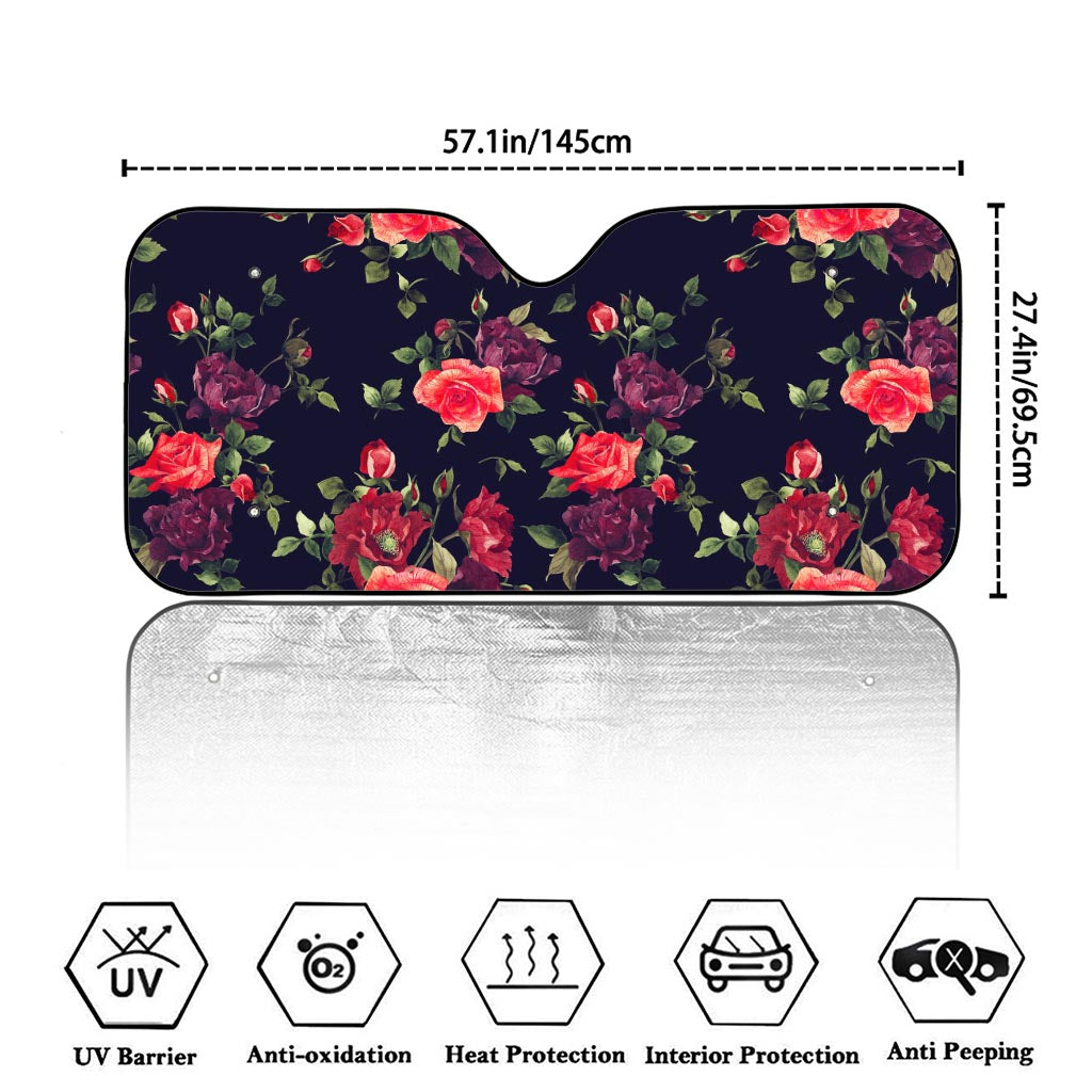 Red Violet Roses Floral Pattern Print Car Windshield Sun Shade