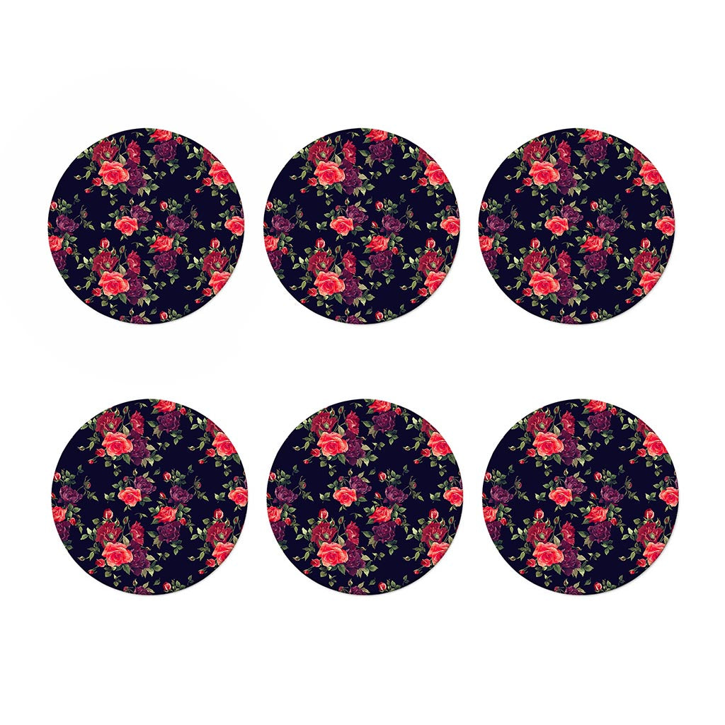Red Violet Roses Floral Pattern Print Coaster Set