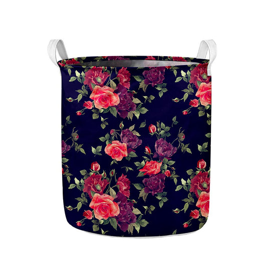 Red Violet Roses Floral Pattern Print Collapsible Laundry Basket