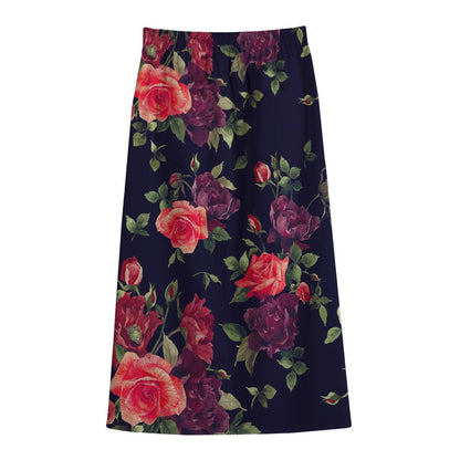 Red Violet Roses Floral Pattern Print Cotton Front Slit Maxi Skirt