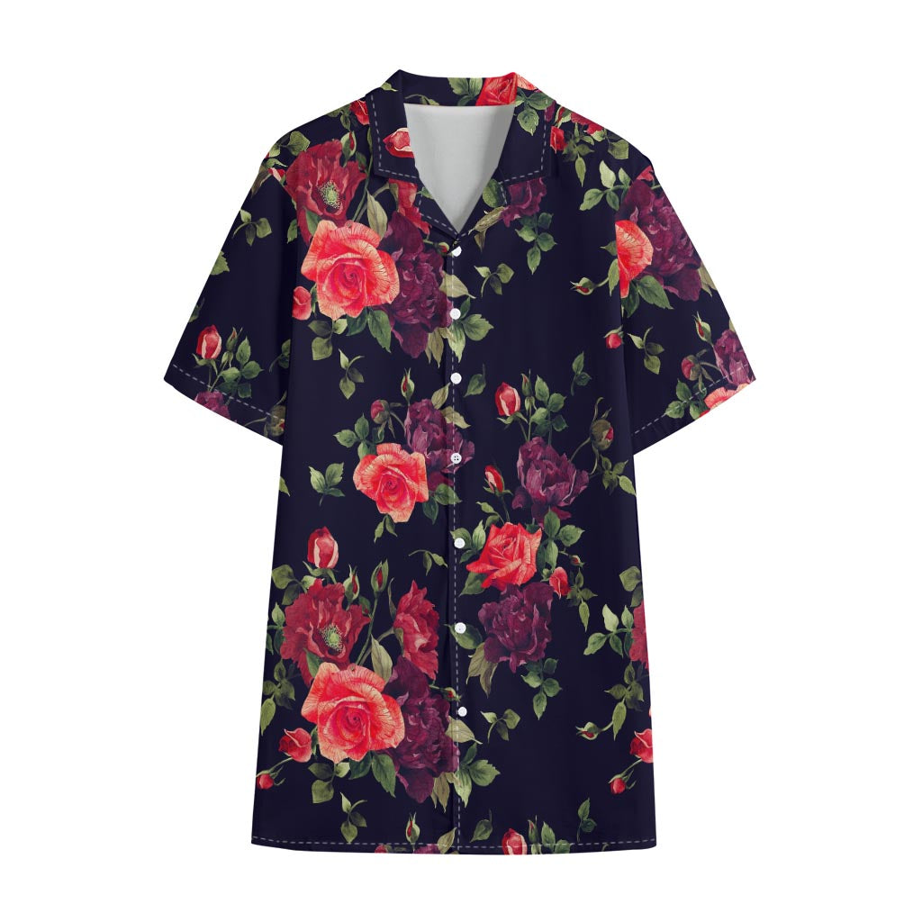 Red Violet Roses Floral Pattern Print Cotton Hawaiian Shirt