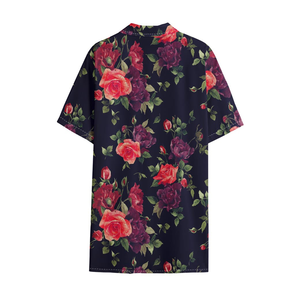 Red Violet Roses Floral Pattern Print Cotton Hawaiian Shirt