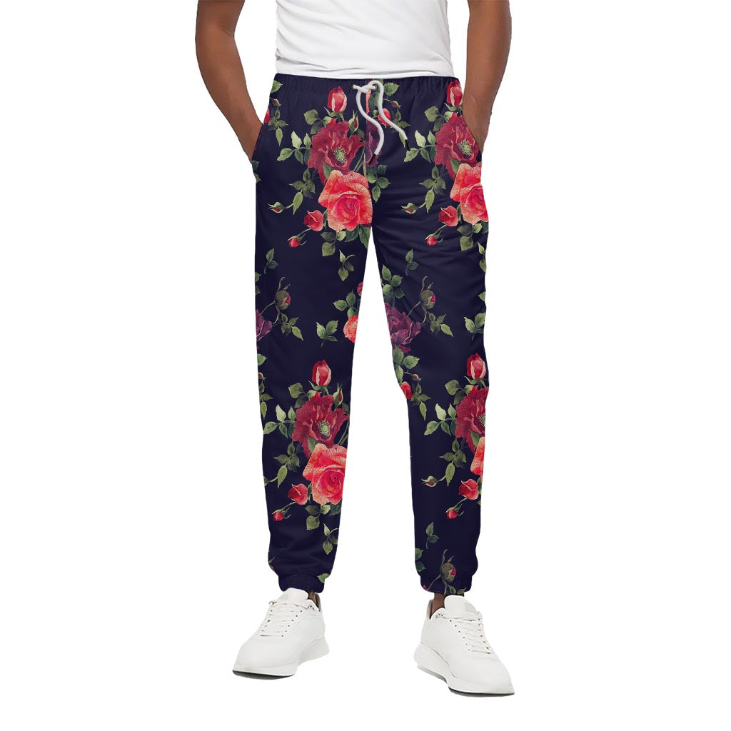 Red Violet Roses Floral Pattern Print Cotton Pants