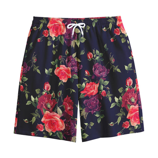 Red Violet Roses Floral Pattern Print Cotton Shorts