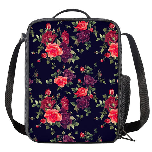 Red Violet Roses Floral Pattern Print Crossbody Lunch Bag