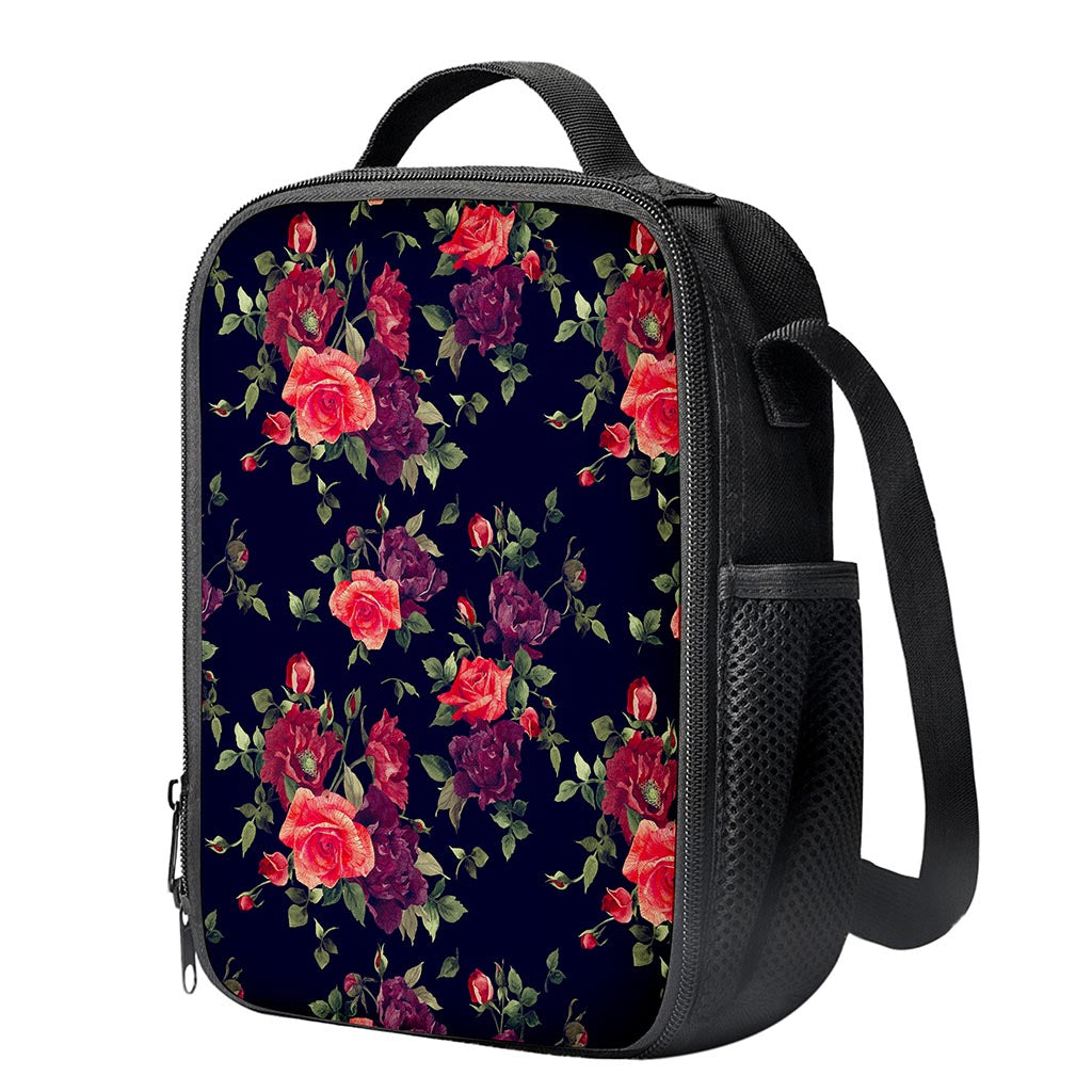 Red Violet Roses Floral Pattern Print Crossbody Lunch Bag