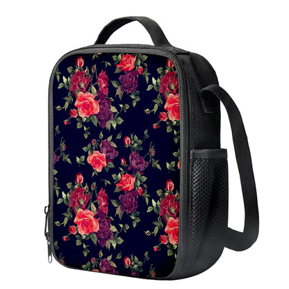 Red Violet Roses Floral Pattern Print Crossbody Lunch Bag