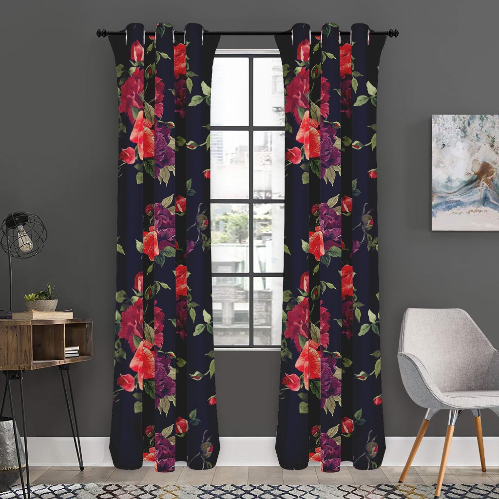 Red Violet Roses Floral Pattern Print Curtain