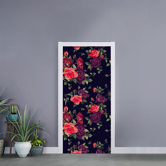 Red Violet Roses Floral Pattern Print Door Sticker