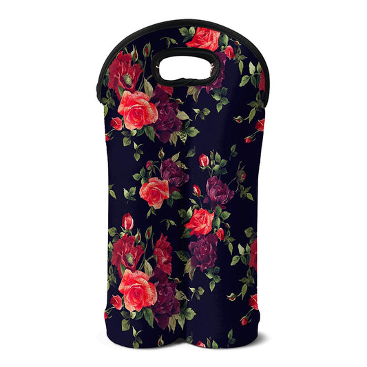 Red Violet Roses Floral Pattern Print Double Neoprene Wine Tote