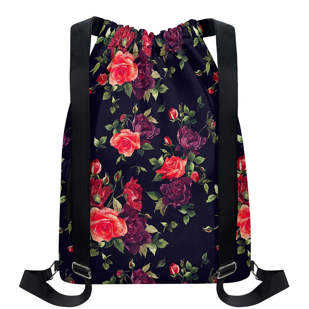 Red Violet Roses Floral Pattern Print Drawstring Backpack