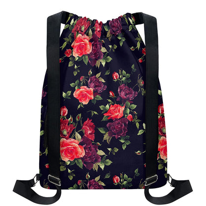Red Violet Roses Floral Pattern Print Drawstring Backpack