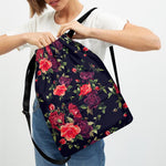 Red Violet Roses Floral Pattern Print Drawstring Backpack