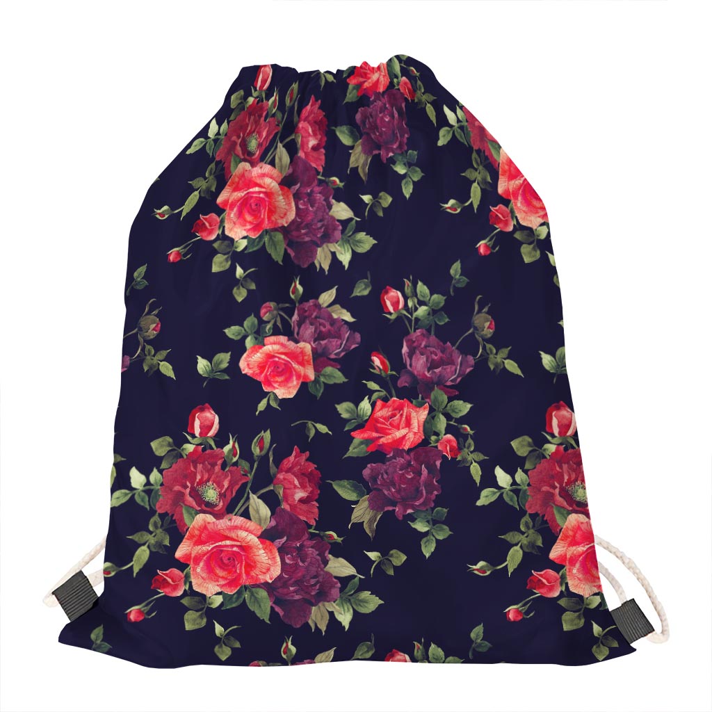 Red Violet Roses Floral Pattern Print Drawstring Bag