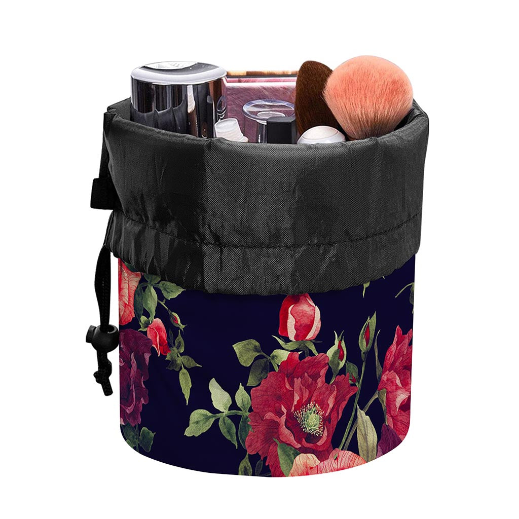 Red Violet Roses Floral Pattern Print Drawstring Makeup Bag