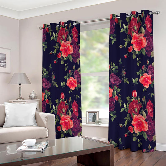 Red Violet Roses Floral Pattern Print Extra Wide Grommet Curtains