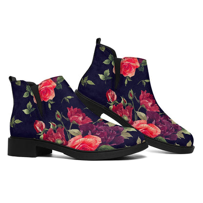 Red Violet Roses Floral Pattern Print Flat Ankle Boots