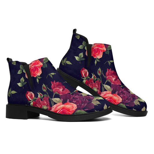 Red Violet Roses Floral Pattern Print Flat Ankle Boots