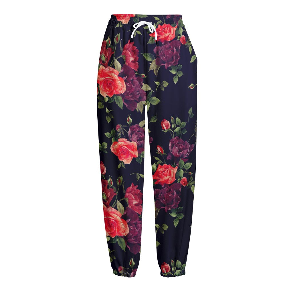 Red Violet Roses Floral Pattern Print Fleece Lined Knit Pants