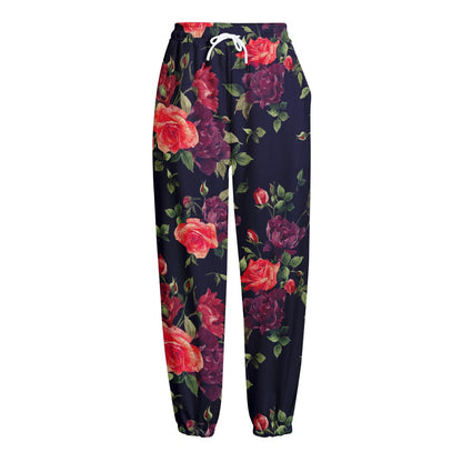 Red Violet Roses Floral Pattern Print Fleece Lined Knit Pants