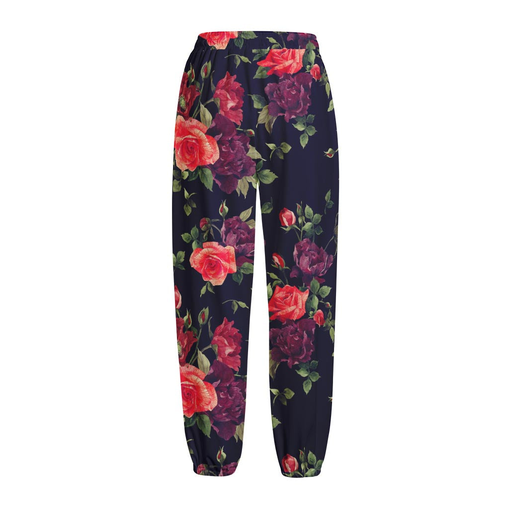 Red Violet Roses Floral Pattern Print Fleece Lined Knit Pants