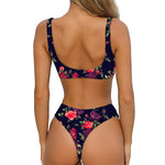 Red Violet Roses Floral Pattern Print Front Bow Tie Bikini