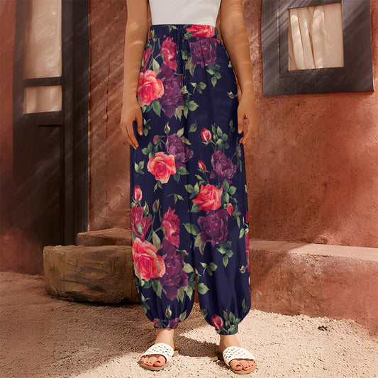 Red Violet Roses Floral Pattern Print Harem Pants