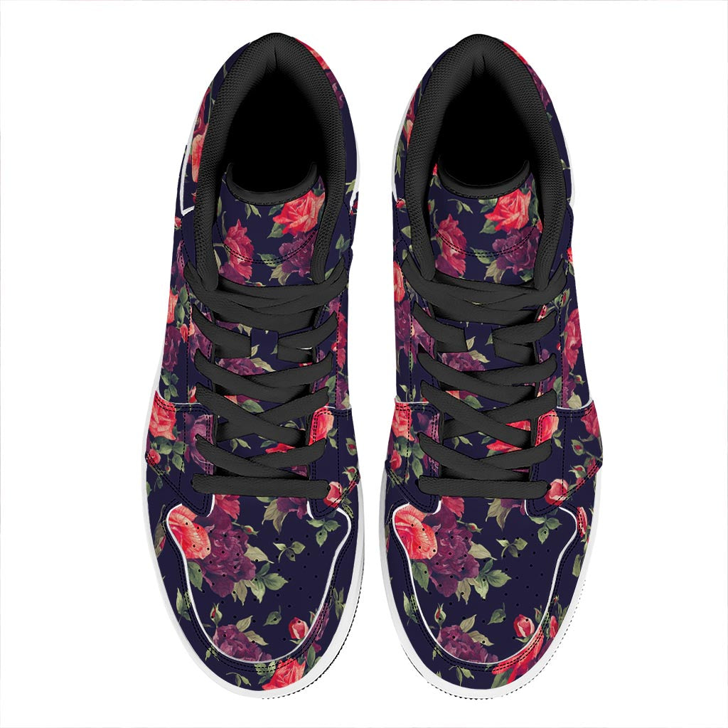 Red Violet Roses Floral Pattern Print High Top Leather Sneakers
