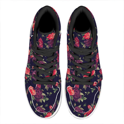 Red Violet Roses Floral Pattern Print High Top Leather Sneakers