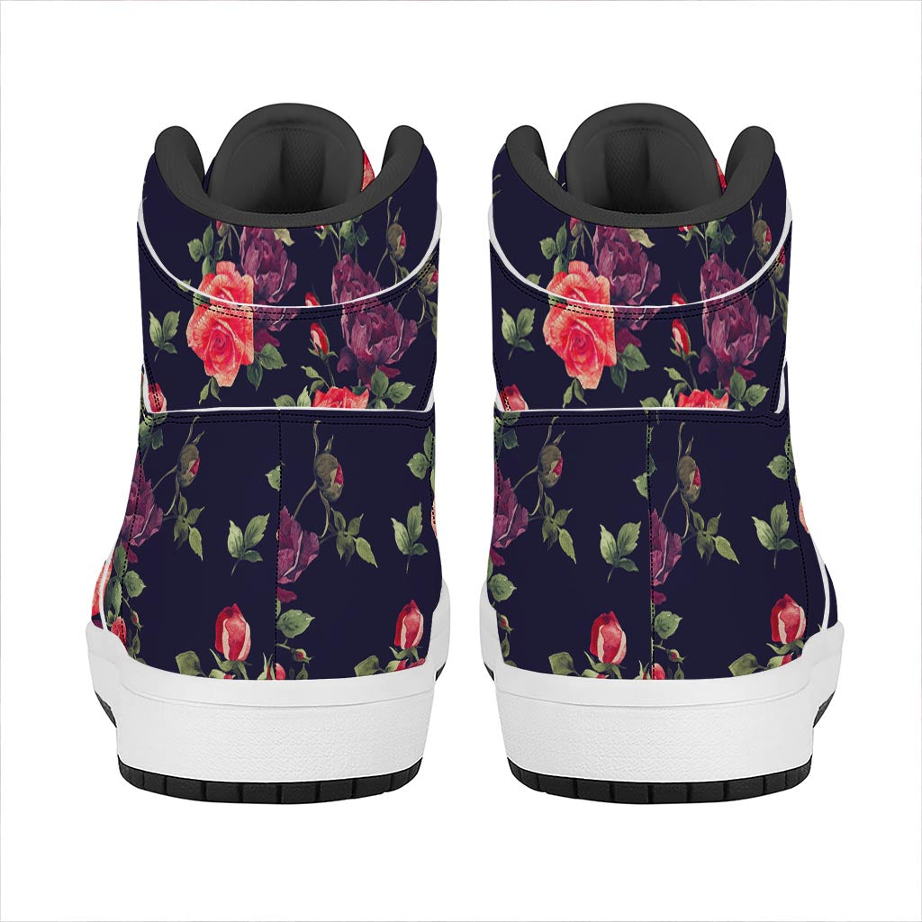 Red Violet Roses Floral Pattern Print High Top Leather Sneakers
