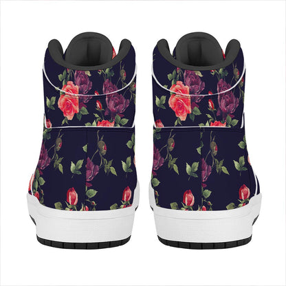 Red Violet Roses Floral Pattern Print High Top Leather Sneakers