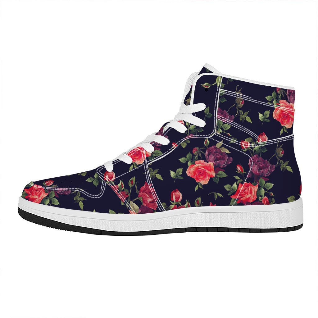 Red Violet Roses Floral Pattern Print High Top Leather Sneakers