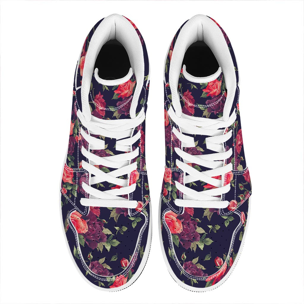 Red Violet Roses Floral Pattern Print High Top Leather Sneakers