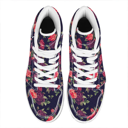 Red Violet Roses Floral Pattern Print High Top Leather Sneakers