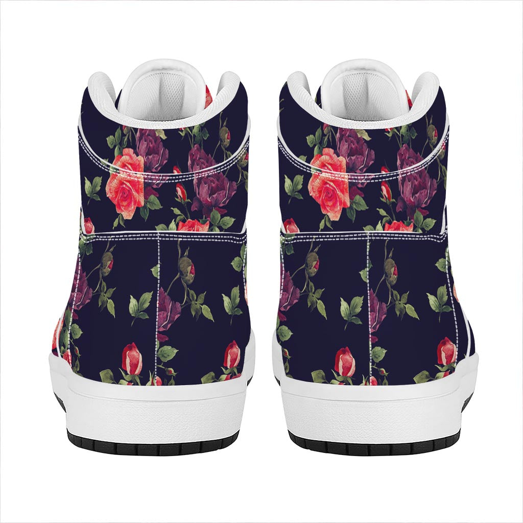 Red Violet Roses Floral Pattern Print High Top Leather Sneakers