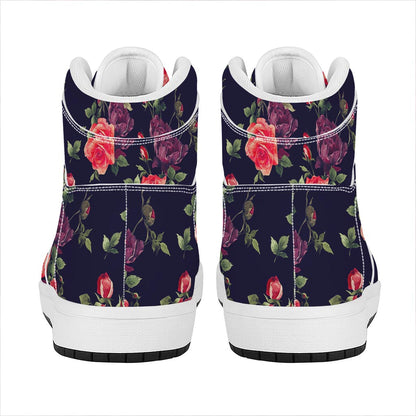 Red Violet Roses Floral Pattern Print High Top Leather Sneakers