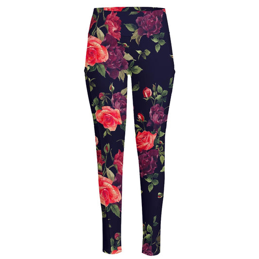 Red Violet Roses Floral Pattern Print High-Waisted Pocket Leggings