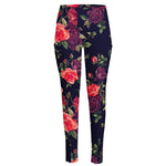 Red Violet Roses Floral Pattern Print High-Waisted Pocket Leggings