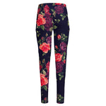 Red Violet Roses Floral Pattern Print High-Waisted Pocket Leggings